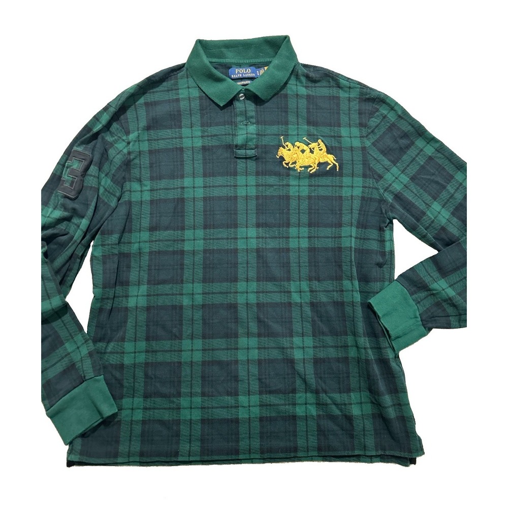 Polo Ralph Lauren Men's XL Plaid Pony Stampede Long Sleeve Custom Slim Fit Polo